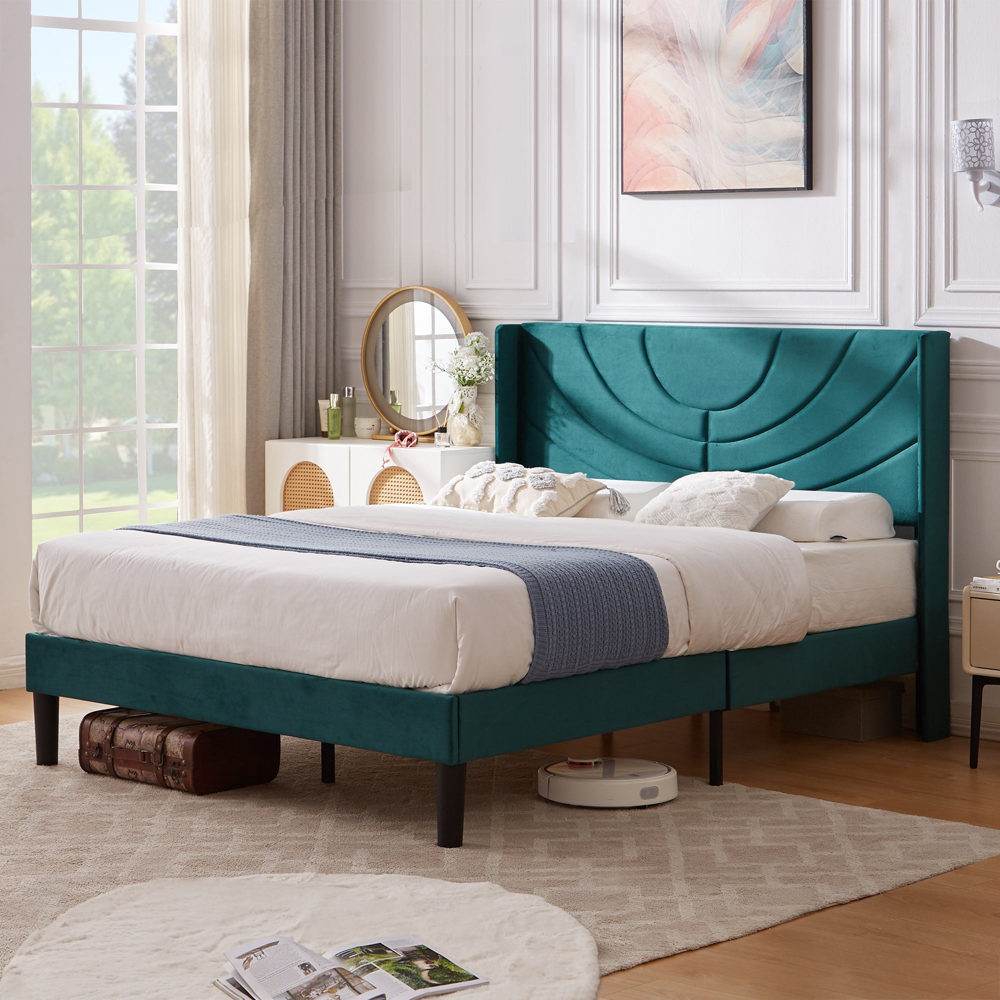 VECELO Upholstered Platform Queen Bed Frame with Fabric Headboard,Wooden Slats Support/No Box Spring Needed/Mattress Foundation,Dark Green