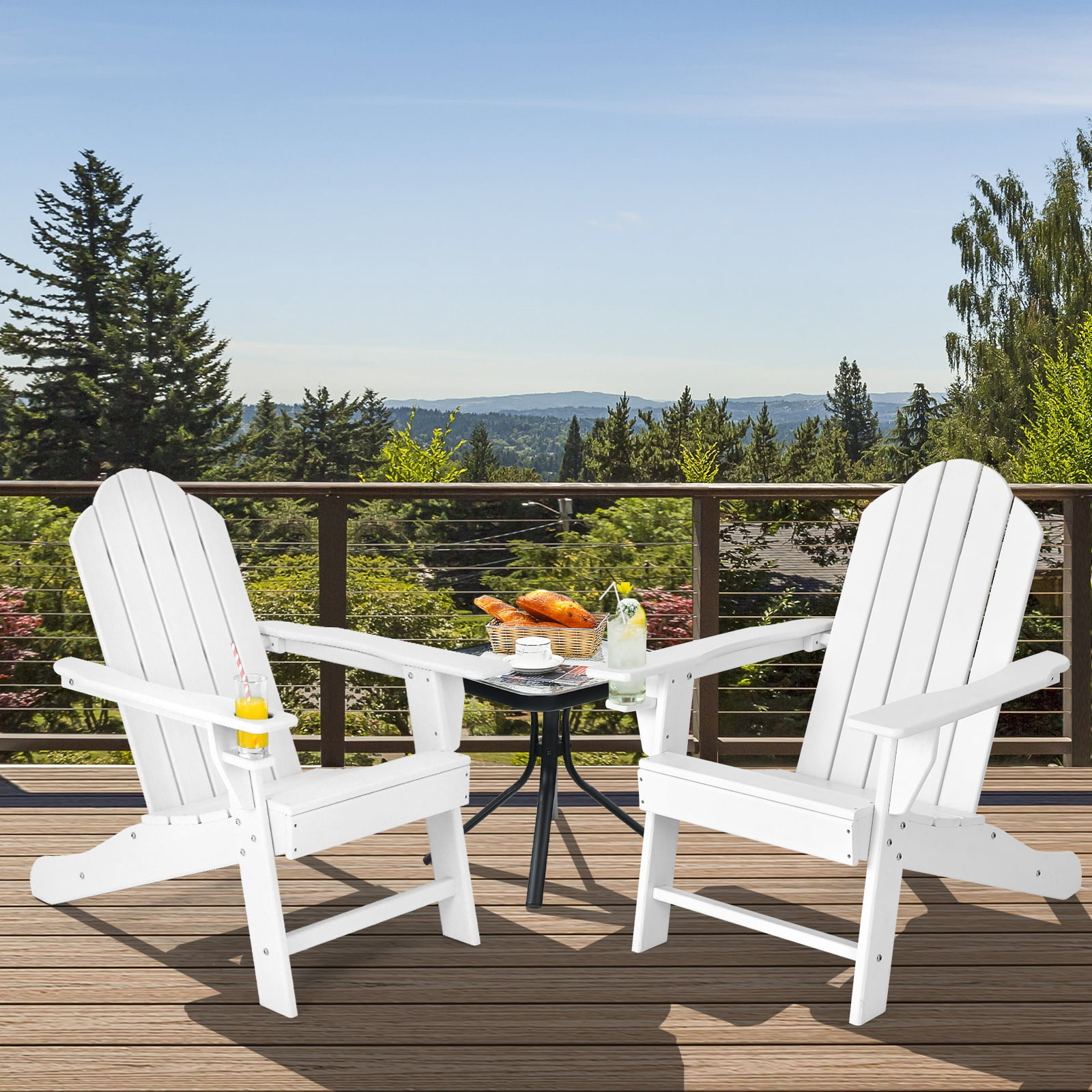 Patiojoy 2PCS Adirondack Chair Outdoor with Cup Holde Weather Resistant Lounger Chair for Backyard Garden Patio and Deck White