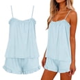 thumbnail image 6 of fheaev Pajama Set for Women Ruffle Trim Adjustable Spaghetti Strap Cami And Drawstring Waist Shorts Sleepwear 2XL Light Blue, 6 of 6
