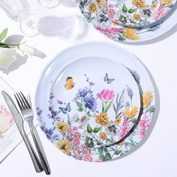 12 Piece Melamine Dinnerware Sets - Flowers And Butterflies Pattern