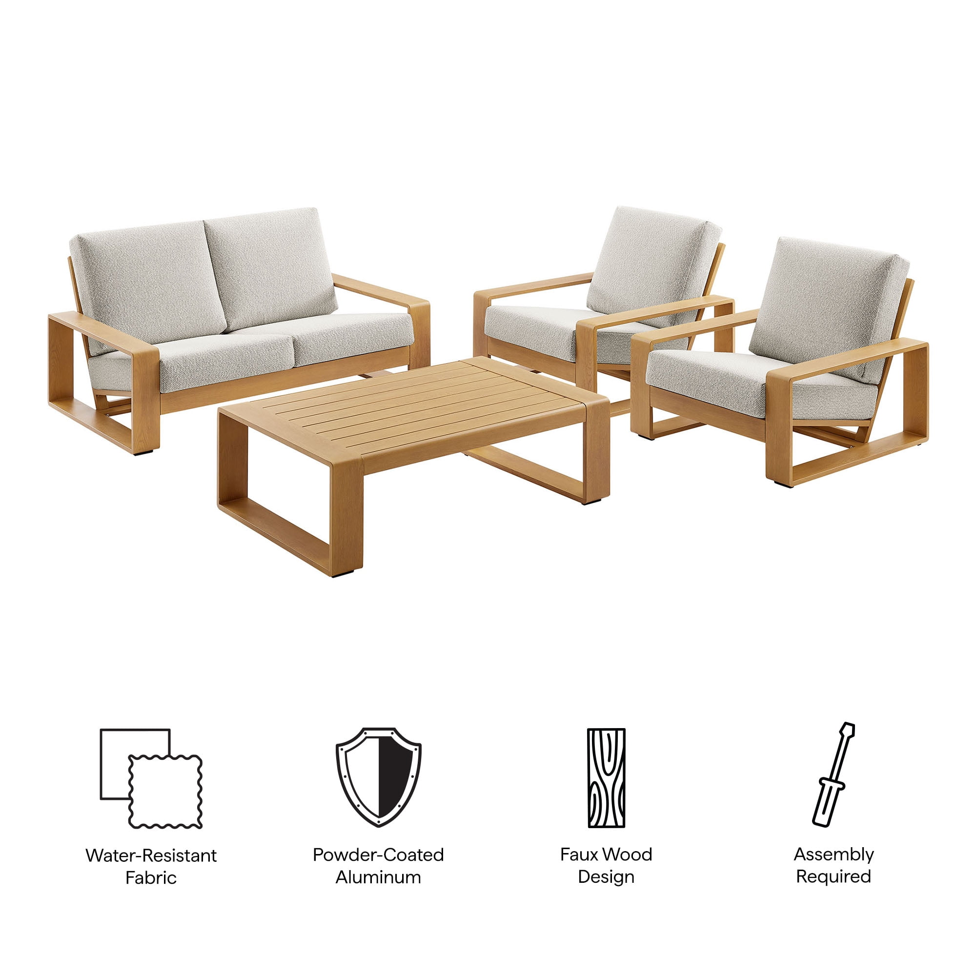 Modway Lirienne 4-Piece Patio Aluminum Faux Wood Furniture Set in Ivory Natural
