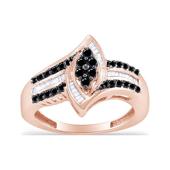 1/2 Carat Black & White Natural Diamond Round & Baguette Shape Marquise Ring In 14K Rose Gold Over Sterling Silver (I2-I3 Clarity)