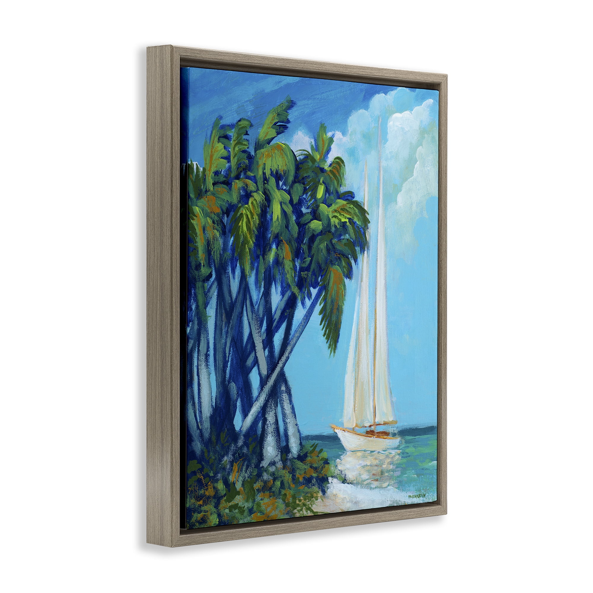 Stupell Industries Sailboat & Twisted Palms Brown Framed Floater Canvas Wall Art, design by Dan Meneely