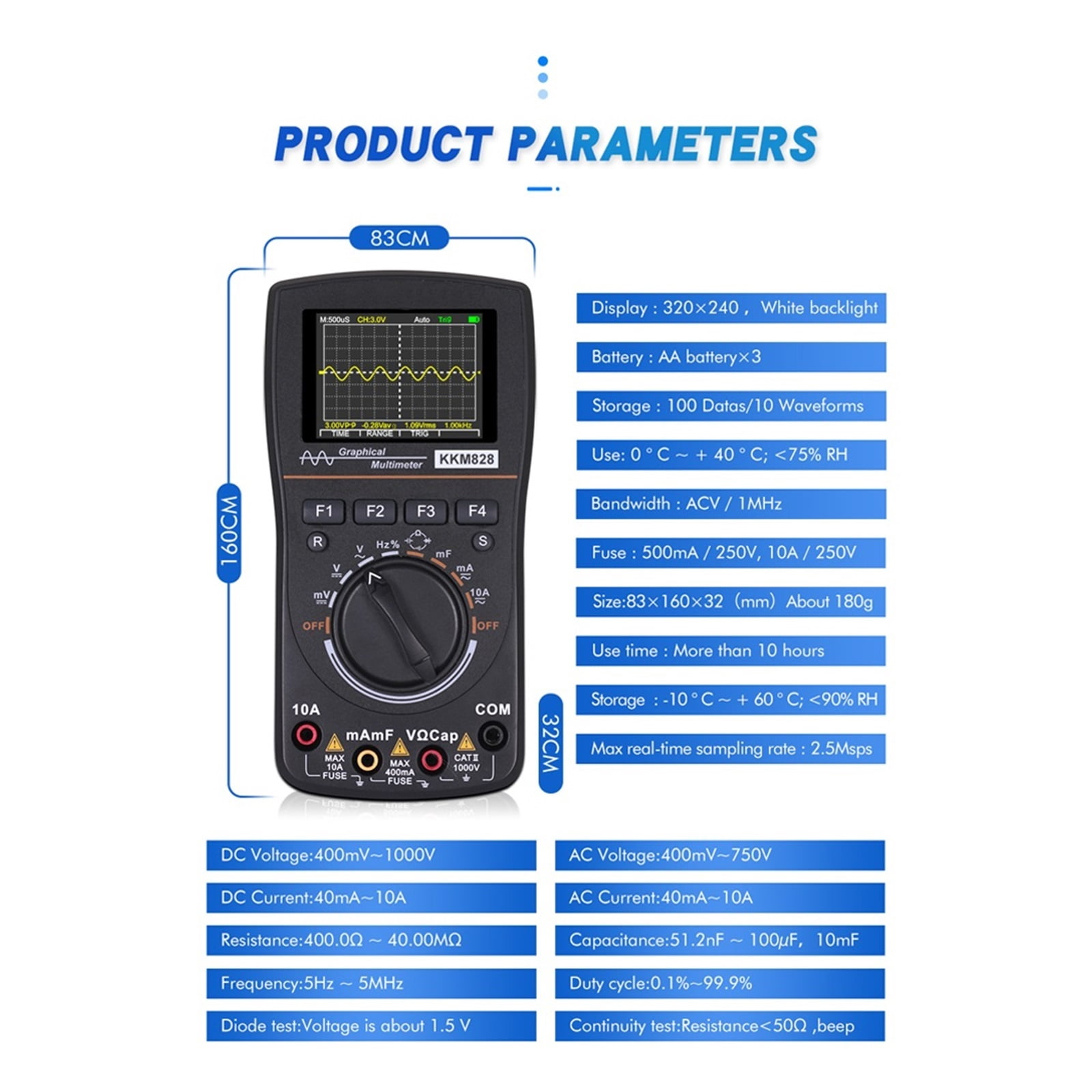 Intelligent Graphical Digital Oscilloscope Multimeter 2.4 Inches Color Screen 1MHz Bandwidth 2.5Msps Sampling Rate ,Professional Designed