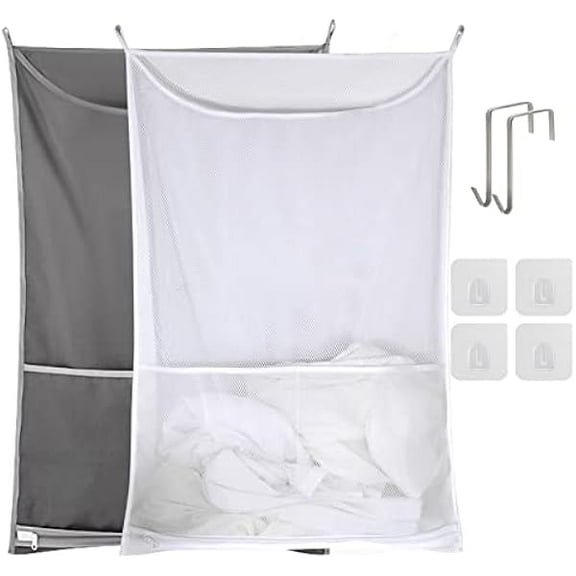 2 Pack Door Hanging Laundry Hamper Bag,Laundry Hamper Bags Collapsible, Over Door Laundry Bag with Hooks,Large Hamper Clothes Storager for Space Saving Large Laundry Organizer Bag