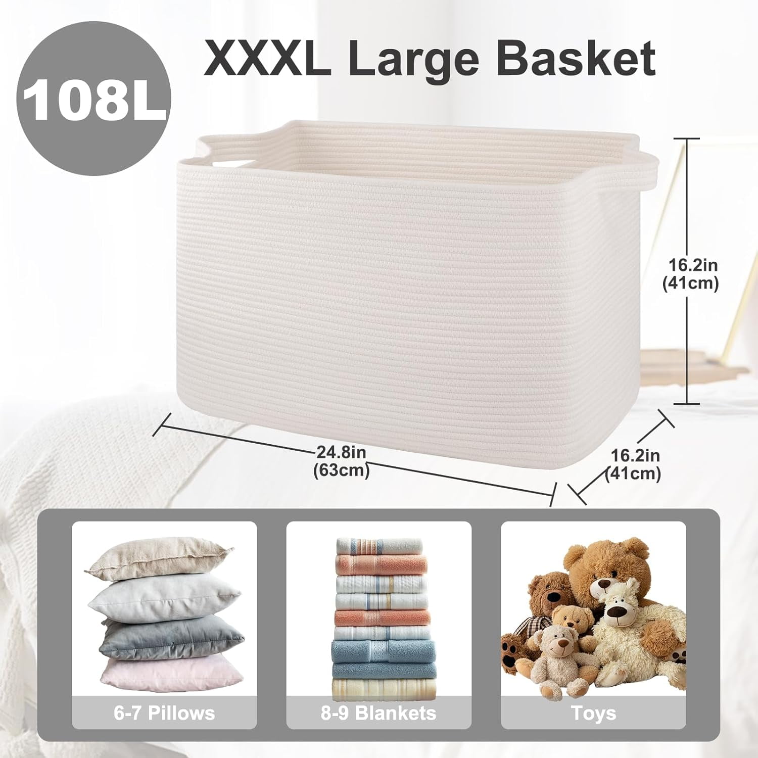 108L Extra Large Blanket Basket, 24.8" x 16.2" x 16.2" Rectangle Woven Storage Baskets for Living Room, Nursery, Bedroom, Toy Basket with Handle (White)