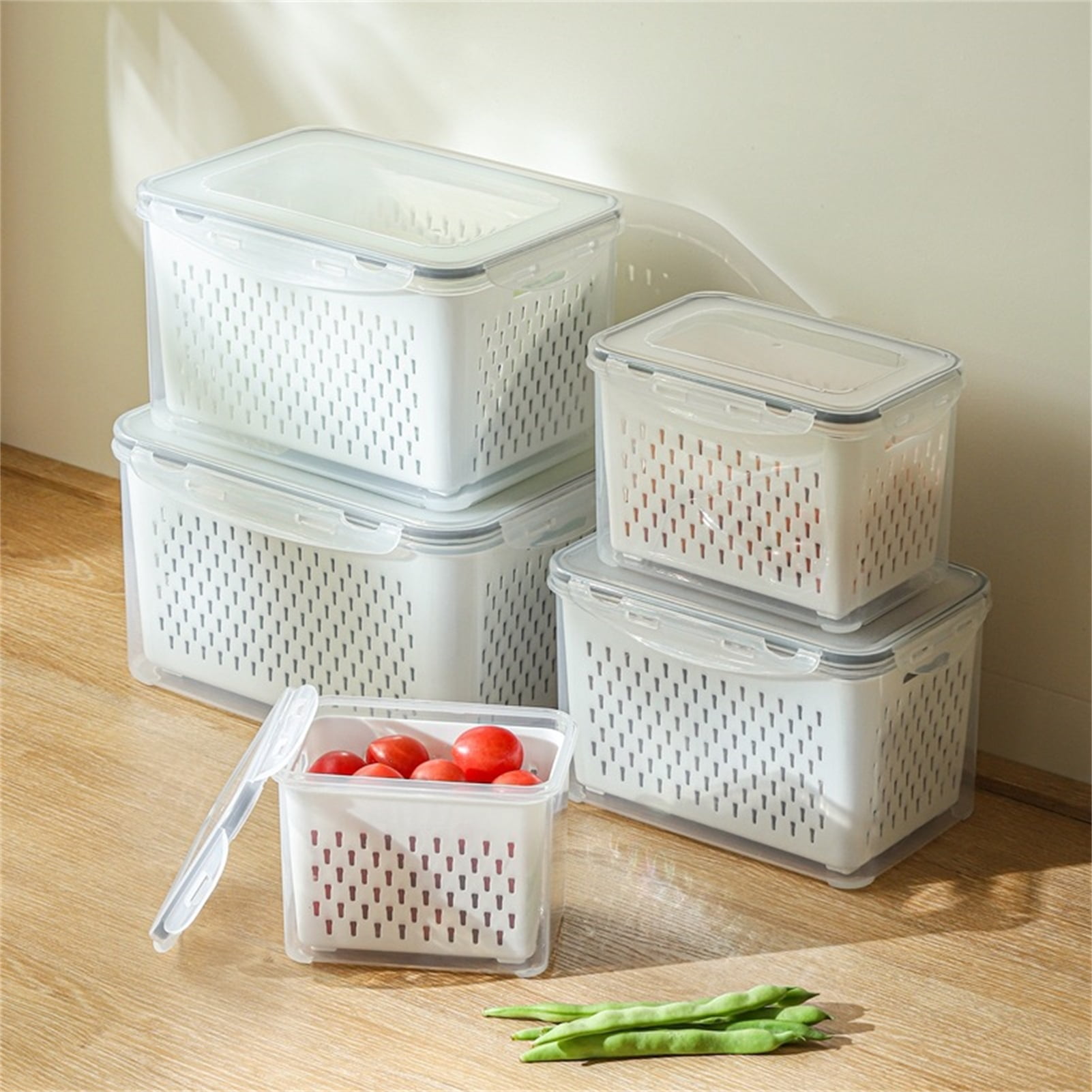 Frogued Food Container 4 Compartments Water Draining Plastic Rectangular  Stackable Fruit Vegetables Storage Box Kitchen Accessories
