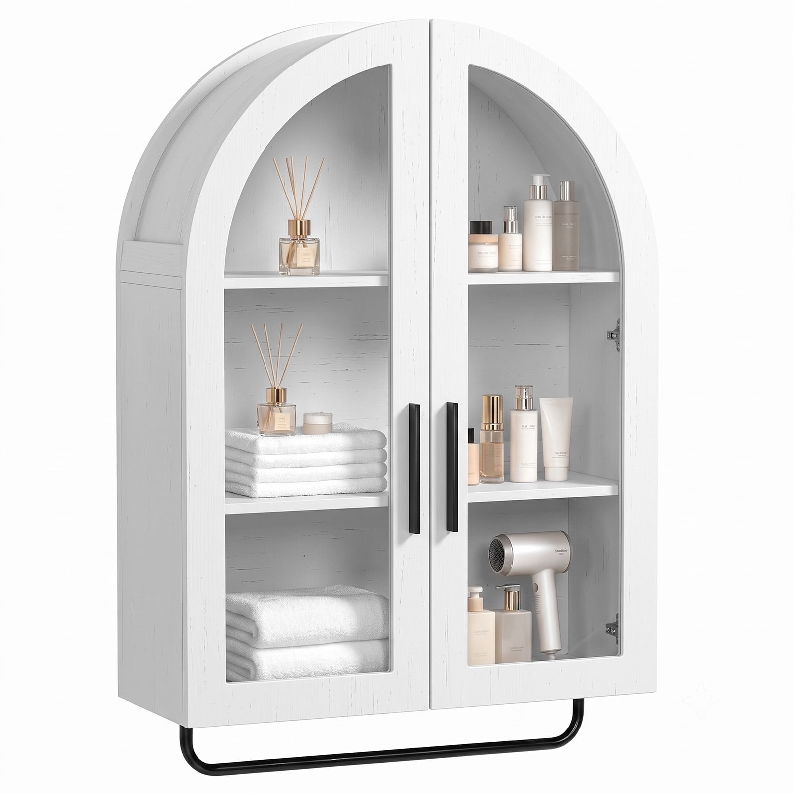 Arched Ceiling 2 Glass Doors 3 Shelves Bathroom Vanity MDF Melamine-Faced Bathroom Vanity with Towel Bar, Grey 23.62*9.45*31.5in