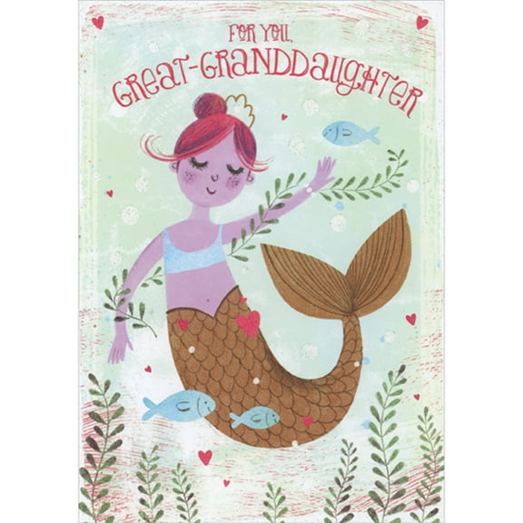 Designer Greetings Cute Mermaid with Red Hair and Light Brown Tail Swimming Near Blue Fish Juvenile Valentine's Day Card for Great-Granddaughter