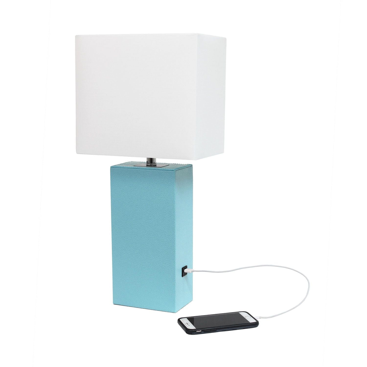 Lampe de table design moderne en cuir élégant avec abat-jour USB et tissu blanc