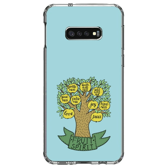 DistinctInk Clear Shockproof Hybrid Case for Samsung Galaxy S10e (5.8" Screen) - TPU Bumper, Acrylic Back, Tempered Glass Screen Protector - Fruit of the Spirith - Tree - Yellow Teal