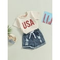 thumbnail image 3 of Bagilaanoe 0-3T Baby Girl 4th of July Outfits Infant Independence Day Short Sleeve Letter Print Tees Tops Ripped Denim Shorts Summer Clothes Set, 3 of 8