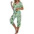 thumbnail image 4 of Womens Pajama Set Trendy Printed V Neck Loungewear Short Sleeved Tops And Pants Set Casual Cozy Sleepwear With Pockets Green S, 4 of 7