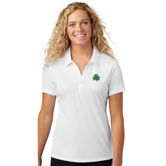 Womens Cute irish Shamrock Patch Polo Shirt, Large White