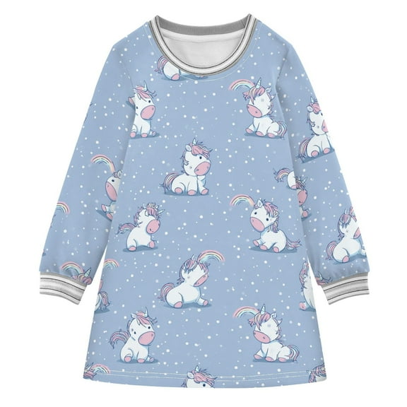 Girls' long-sleeved dress Cute Unicorn Girls' A-line dress with ribbed cuffs Soft and comfortable