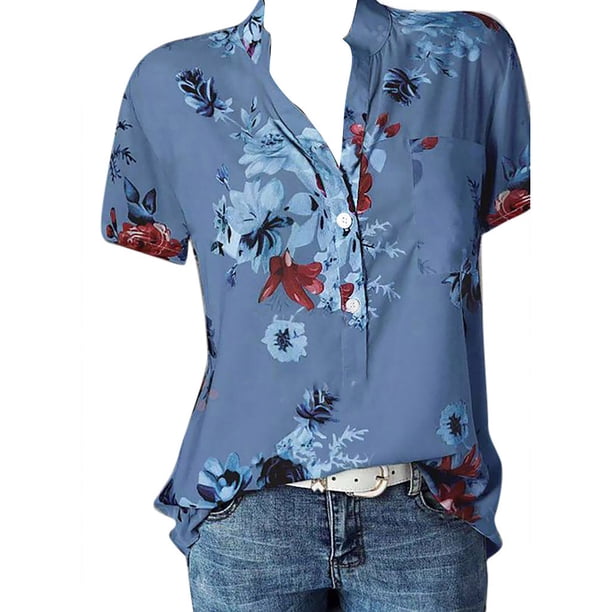 Gibobby Camisas De Vestir Blusa de camisa corta con bolsillo Blusa de mujer de talla grande con estampado de manga fácil para mujer(Azul, XXL)