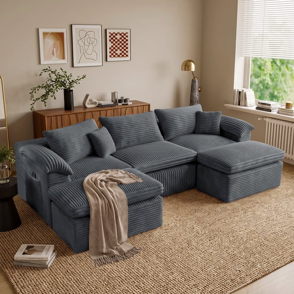 Garaneeds 106" U-Shaped Modular Boneless Sectional Sofa for Living Room, Cloud Couch with 2 Ottomans, 43" Deep Seats, Corduroy Fabric, 5-Piece, Grey