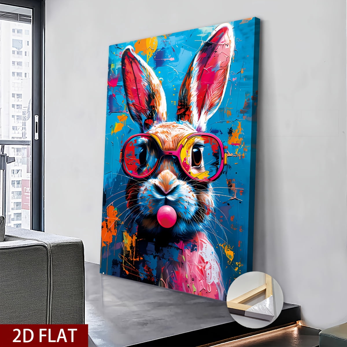 1pc Extra Large Canvas Wall Art - Modern Abstract Rabbit Painting with Pink Glasses, Bold Graffiti-like Colors - Ready-to-Hang Wrapped Canvas Print for Living Room, Bedroom, Office, Kitchen - Perfect