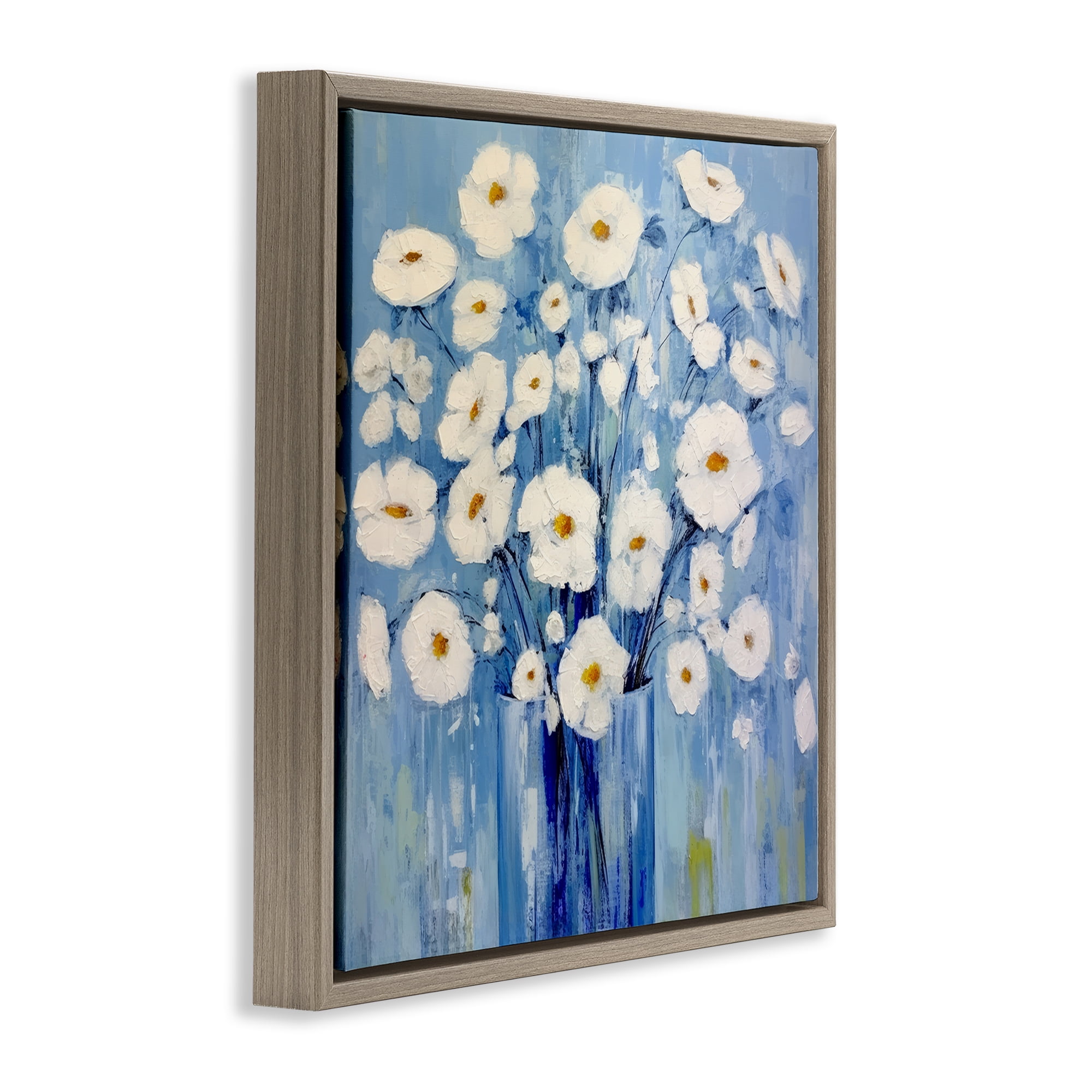 Stupell Industries Bold Blooms on Blue Plants & Flowers Painting Brown Floater Framed Canvas Art Print Wall Art, 25 x 25