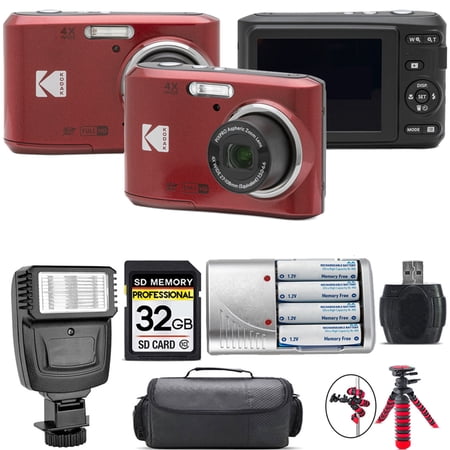 Kodak Pixpro FZ45 Camera (Red) + Extra Battery + Flash - 32GB Kit