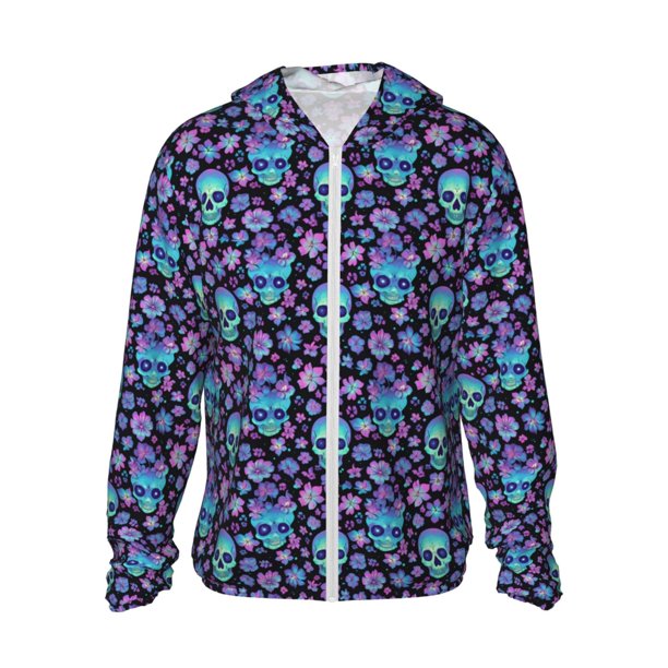 Fotbe Funny Skull Flower Chaqueta con Protección Solar UPF 50+ para Hombre y Mujer, Camisa con Capucha y Bolsillos-Large