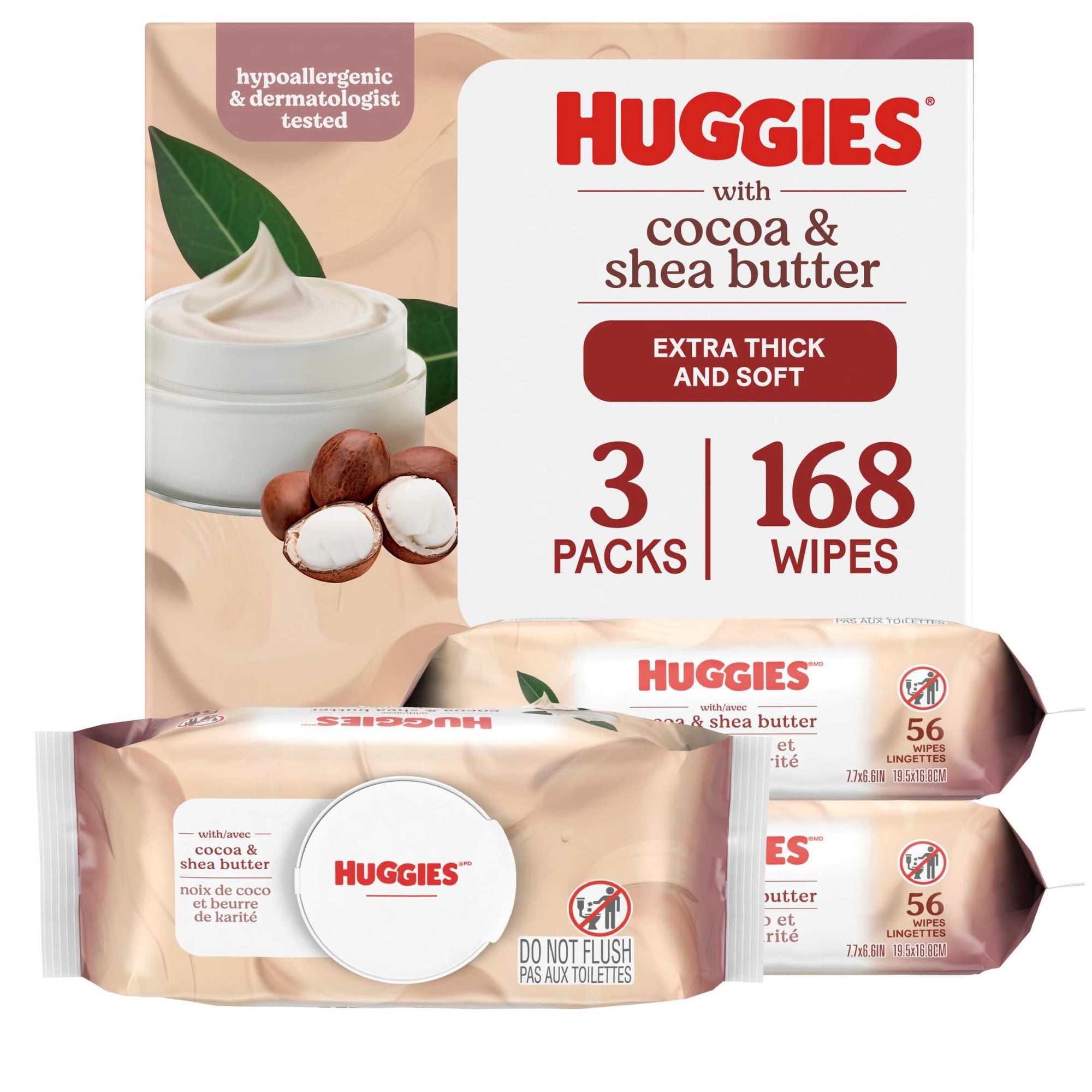 Huggies Sensitive Skincare Baby Wipes with Cocoa & Shea Butter, 3 Flip-Top Packs, 168 Total Count