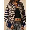 thumbnail image 6 of Women's Leopard Print Striped Patchwork Button Front Cropped Knit Cardigan Navy Blue XL, 6 of 10