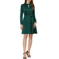 thumbnail image 2 of INSPIRE CHIC Women's Belted Satin Keyhole Tie Waist A-Line Dress S Dark Green, 2 of 5