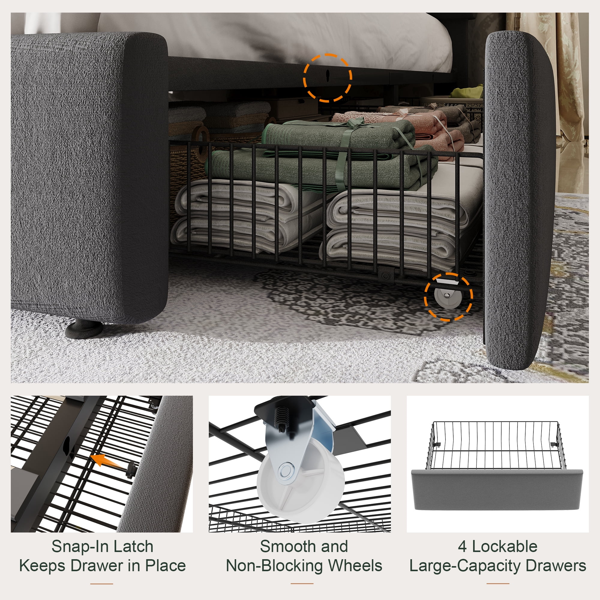 Amolife Queen Bed Frame, Platform Bed with Adjustable Velvet-Wrapped Headboard and 4 Storage Drawers, No Box Spring Required, Gray