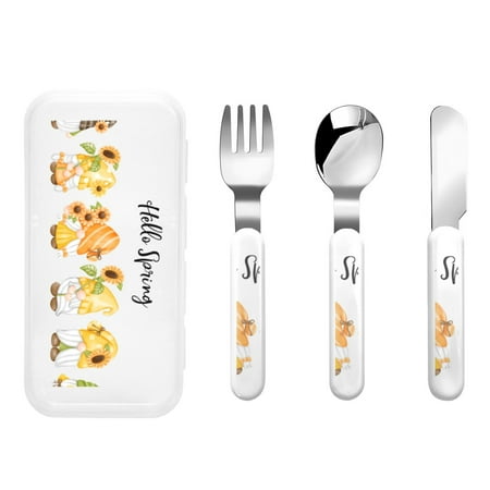 

Bingfone Hello Spring Sunflower Gnomes Print Toddler Utensils Kids Silverware 3pcs Safety Stainless Steel Toddler Fork Spoon Knife Set Children Flatware Set