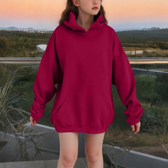 Children's Solid Color Oversized Hoodie Drop Shoulder Fleece Long Sleeve Pullover Sweatshirt with Pocket Loose Casual Basic Hooded Loungewear Tops Red 9-10Y