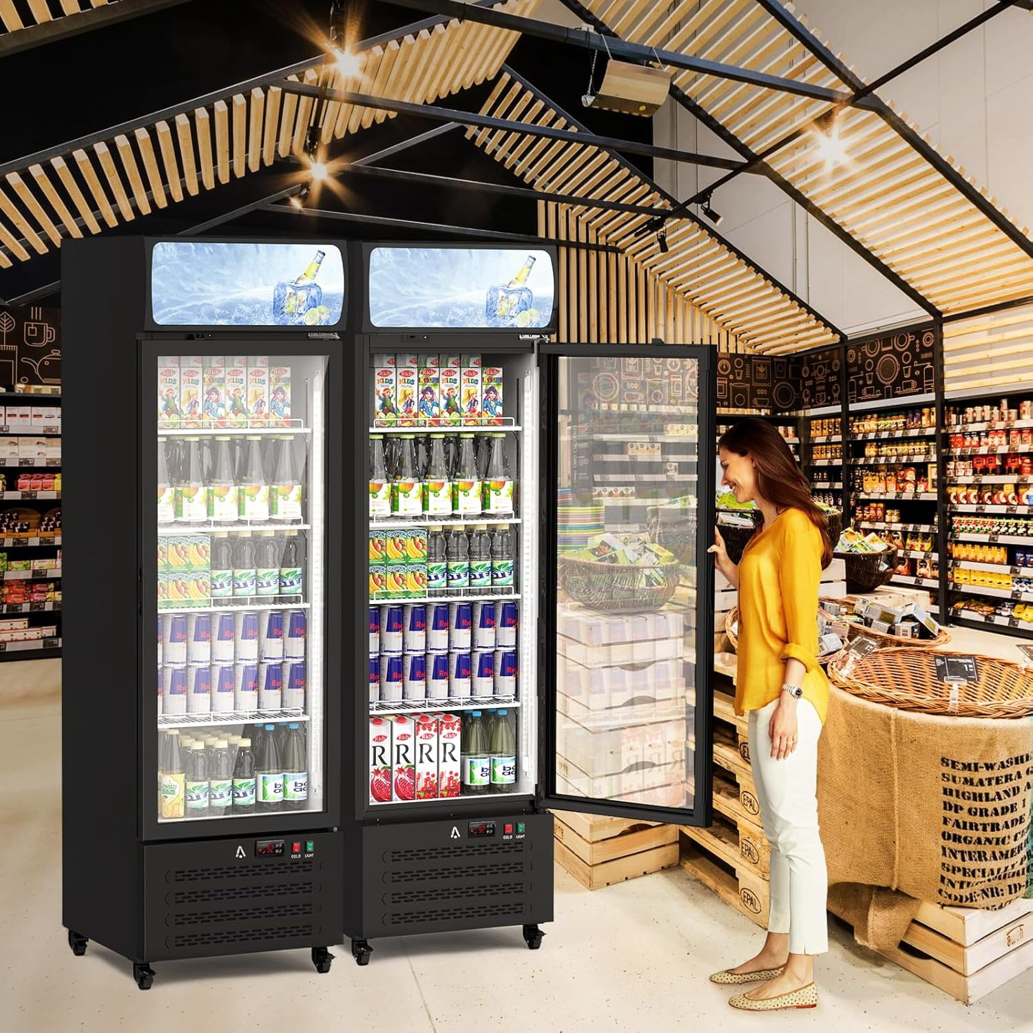 Hetoy Commercial Display Refrigerator, 11.3 Cu.Ft. Merchandiser Beverage Refrigerator with Dual-Layer Glass Door,4 Adjustable Shelves, Commercial Refrigerator for Restaurants, Shops, Black