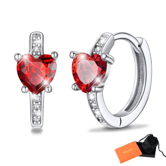 Pendientes de aro de plata de ley con piedras natales Silvora para mujer. Diamantes creados. Delicada joya de regalo para cumpleaños o Navidad
