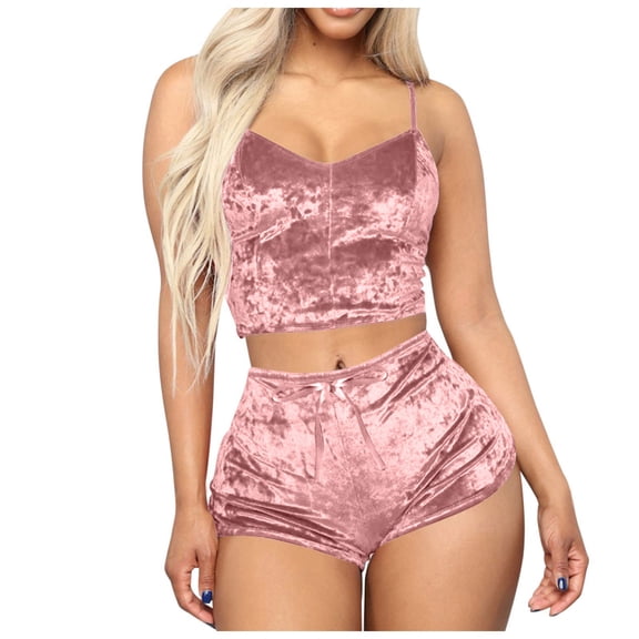 Levmjia Women's Velvet Lingerie Pajamas Set Sleeveless Solid Color Camisole with Shorts Home Sleepwear Comfortable Nights and Relaxing Days