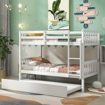 Twin over Twin Bunk Bed with Twin Size Trundle, Solid Pine Wood Bunk Bed can Convertible into 3 Platform Bed with Guardrail, Inclined Ladder, All Tools Included, Easy to Assemble, White,LJ3456