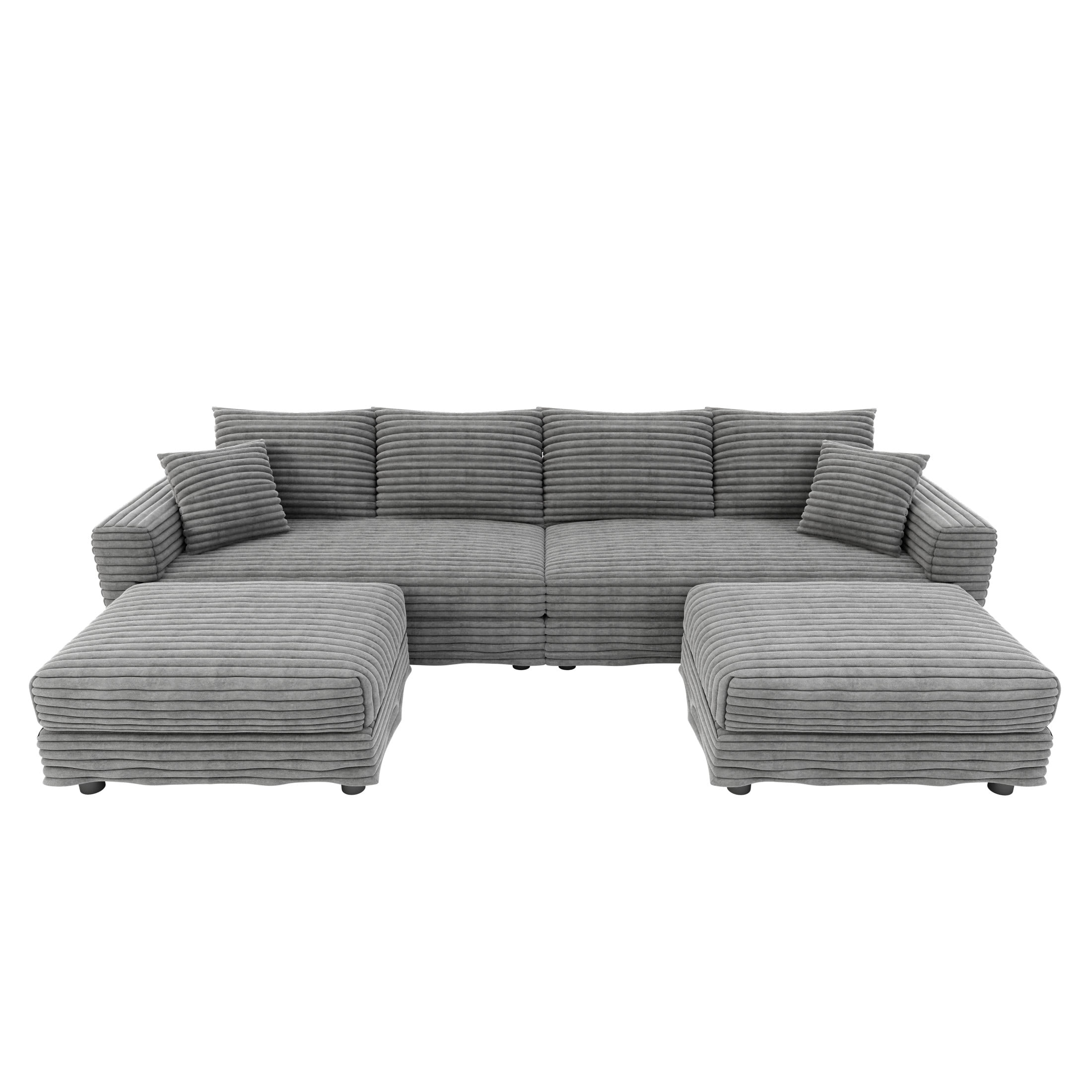 Noble House Nesta 4-Seat Plush Corduroy Cloud Sofa, Convertible Deep Seat Lounge Couch with 2 Ottomans & Soft Pillows, Grey