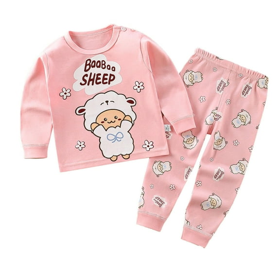 Zwiiyzr 3M-5Y Toddler Baby Kids Winter Fall Pajama Set Boys Girls Solid Color Flower Sheep Print Long Sleeve 2 Piece Outfits Sleepwear Baby Clothes Suit Pink