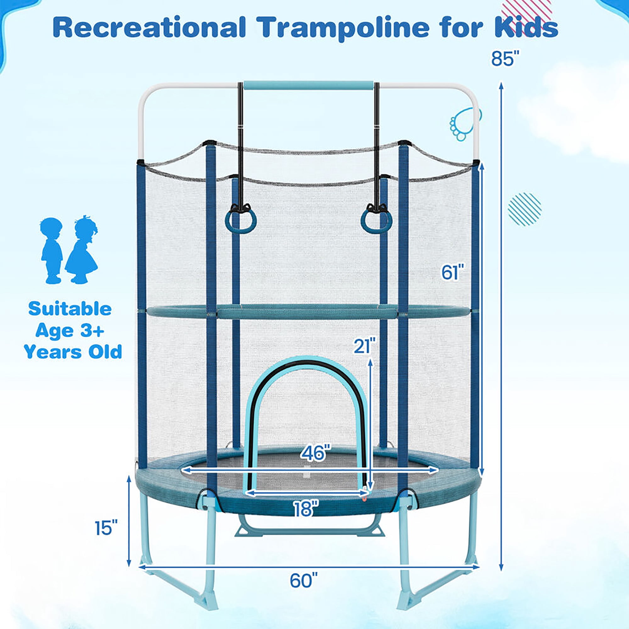 Gymax 60'' Trampoline for Kids w/ Gymnastic Bar Rings Foamed Handle No Gap Design Blue