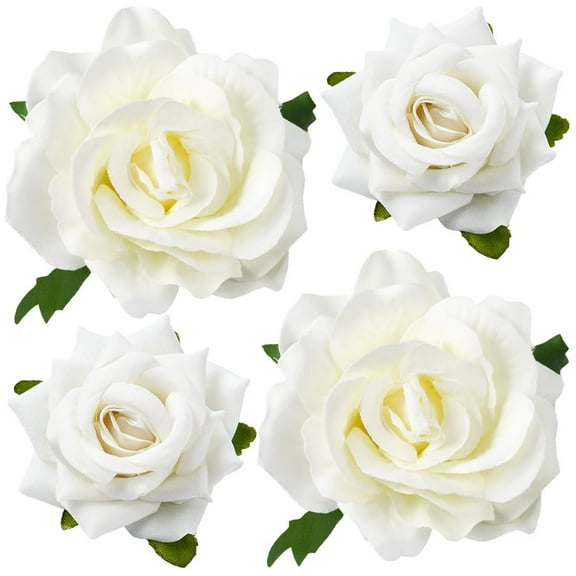 4Pcs 2 Styles White Rose Hairclip Cloth Flower Brooch Elegant Fabric Floral Large Big Decorative Metal Craft Hair Barrettes Pins Accessories for Hairstyle Wedding Festival Party DIY DecorWhite