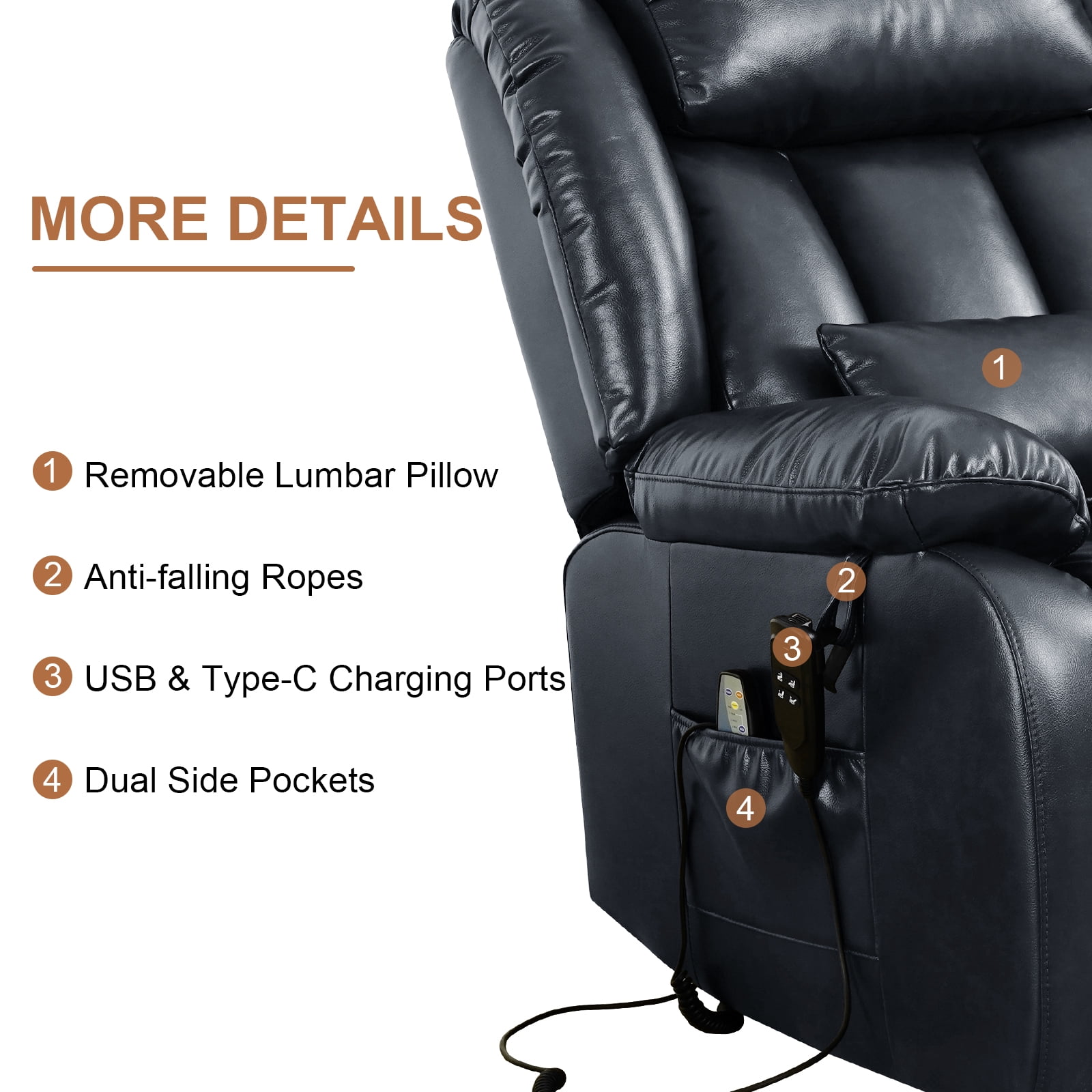 TEKAMON Infinite Position Lift Recliner Chair for Elderly with Heat Massage and Extended Footrest Lay Flat Sleeping Leather Dual Motor Power Lift Chair for Living Room (Blue)