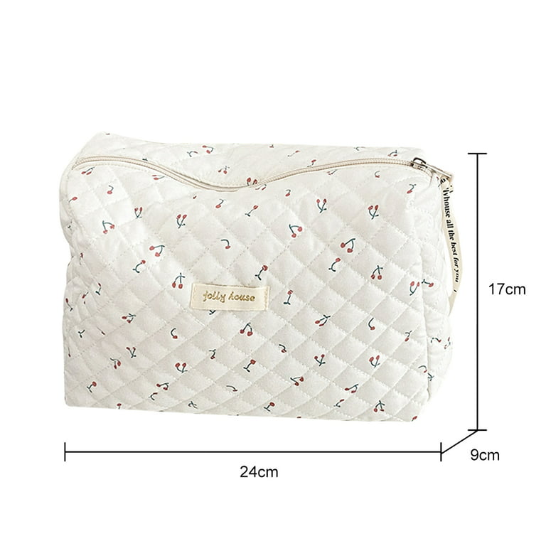 SHUWND Korean Cotton Makeup Bag Floral Toiletry Bag Large Travel Cosmetic Bag Quilted Cosmetic Pouch for Women Girls (White), Size: 1 Pack
