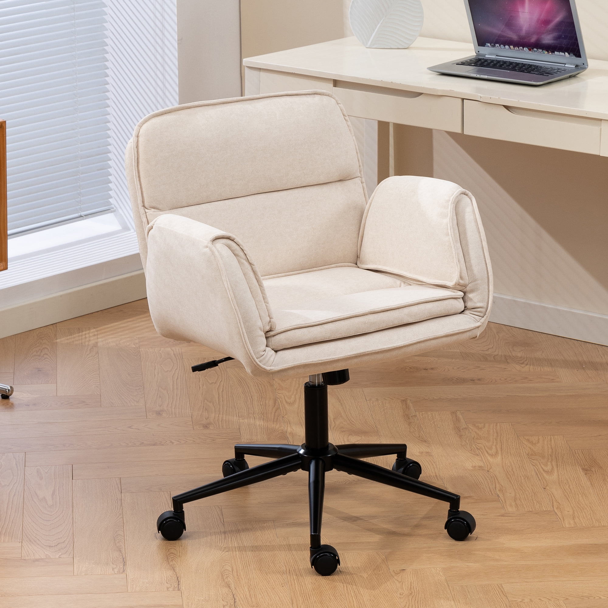 Jopath Criss Cross Chair with 5-Gear Adjustable Armrests and Wheels, Ergonomic Thickened Backrest Swivel Desk Chair for Home Office Vanity Bedroom and Living Room Beige Cloth