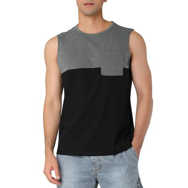 Lars Amadeus Chaleco sin mangas del cuello redondo de la camiseta sin mangas del bloque del color de los hombres con el bolsillo Gris negro M Unique Bargains Camiseta