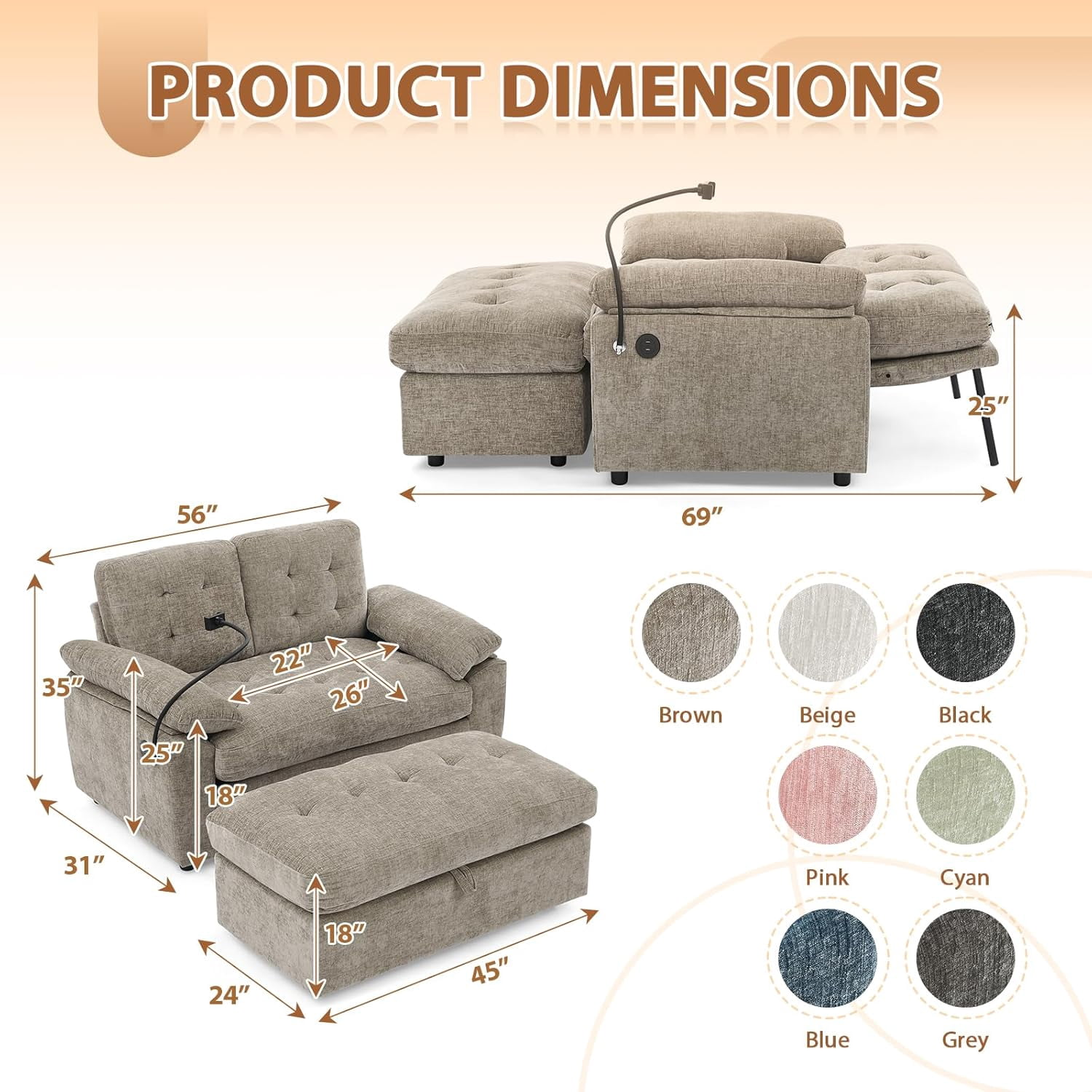 MOONMISS Oversized Chaise Lounge Chair Indoor with Ottoman&Adjustable Backrest,Chenille Tufted Recliner Sofa Chair with USB&Phone Holder,Convertible Sleeper Couch Bed for Living Room,Brown