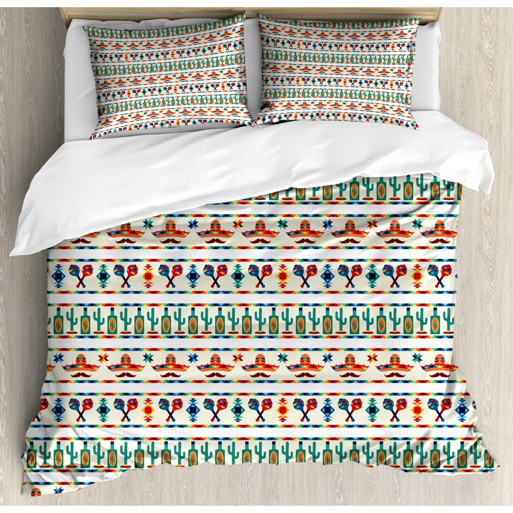 Mexican Duvet Cover Set King Size, Latin American Cultural Native
