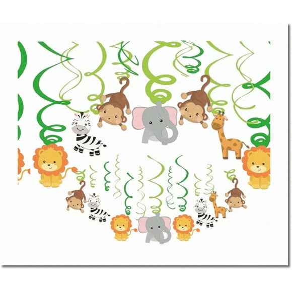 Jungle Safari Swirls: 30 Pcs Hanging Decorations with Assorted Animal Cutouts - Perfect for Forest Theme Birthday & Baby Shower Party