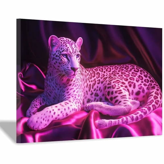 Mudket Framed Pink Leopard on Purple Silk Canvas Wall Art, Glam Leopard Print Room Decor for Girls Bedroom, Trendy Animal Wall Art, Ready to Hang - 12"L x 8"W