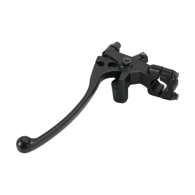 manija freno con soporte veloci boxter rt2 150 r (22) Refacción para motocicleta compatible con VELOCI BOXTER 150 RT2 2022, palanca de freno con soporte en vista 3/4, palanca metálica curva negra con bola terminal, abrazadera de montaje con tornillos y ajustador sobre fondo blanco; también suele usarse como pieza de reemplazo para manillares en reparaciones rápidas.
