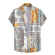 Hanas Men's Hawaiian Shirt, Short Sleeve V Neck Lapel Casual Button Down Fashion Bohemian Printed Beach Shirts