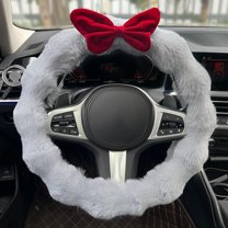 Plush Car Steering Wheel Cover Cute Bow Steering Wheel Protector for Women, Soft Non-Slip Car Interior Accessories, Grey Red Bow